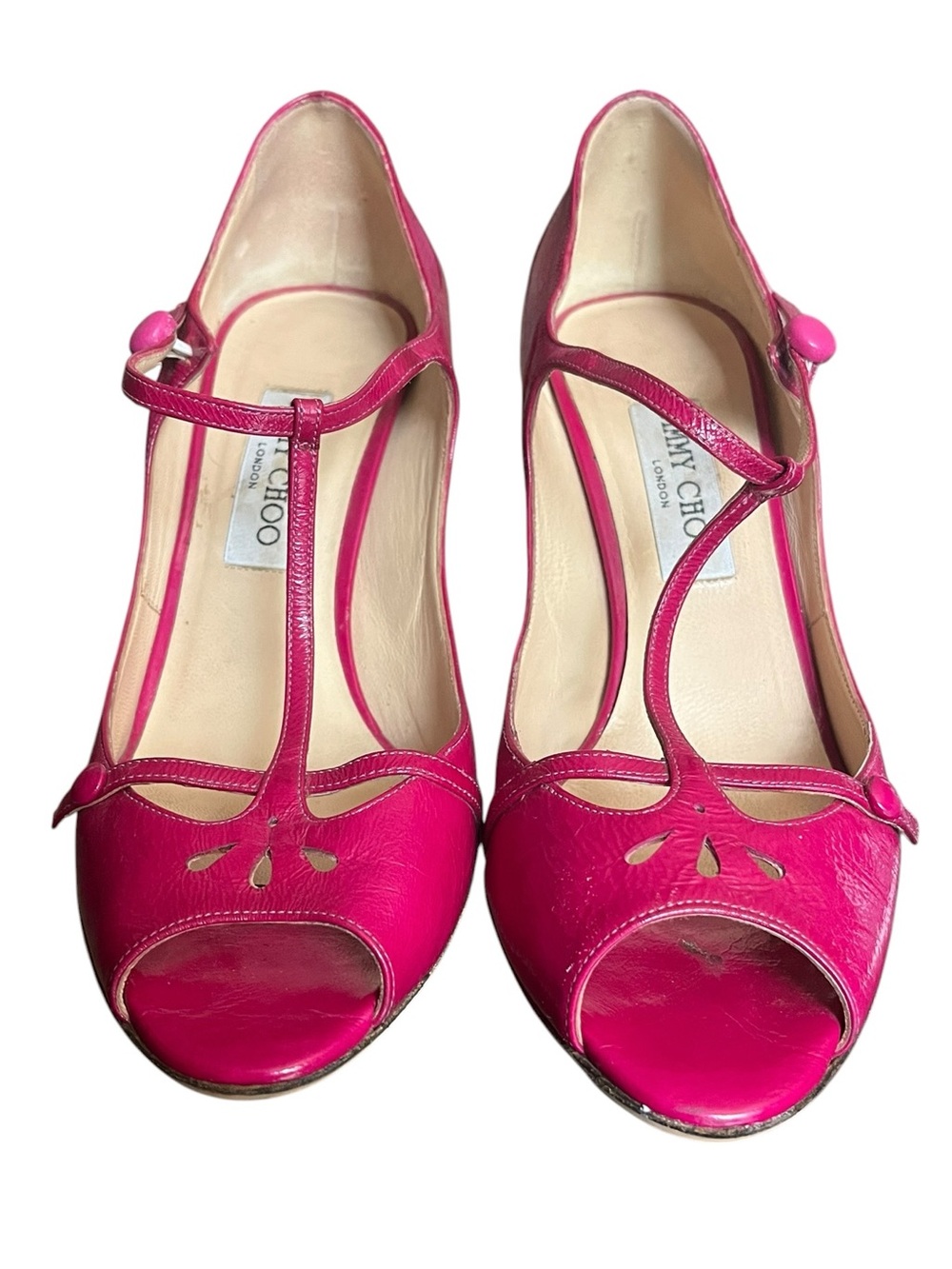 Jimmy Choo London Hot Pink Leather T-Strap Peep-Toe Pumps Size 40 Made in Italy